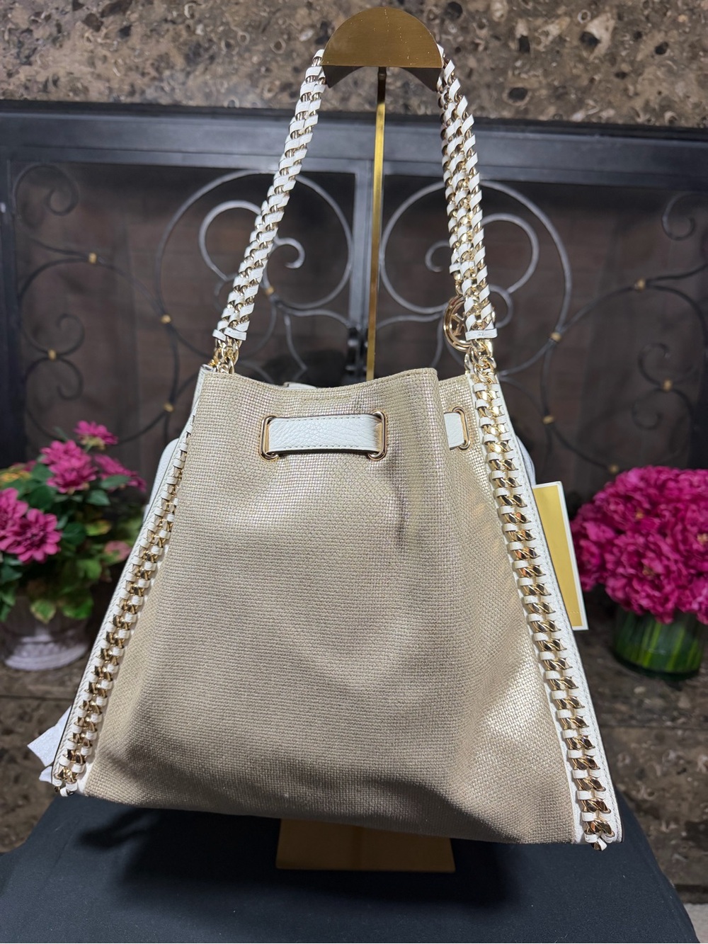 Michael Kors Beige Canvas Shoulder Tote with White Trim and Gold Chain Handles - Picture 2 of 6